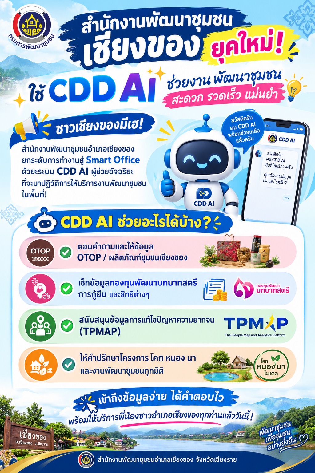 สำนักงานพัฒนาชุมชนเชียงของ ยุคใหม่! ใช้ CDD AI ช่วยงานพัฒนาชุมชน สะดวก รวดเร็ว แม่นยำ 